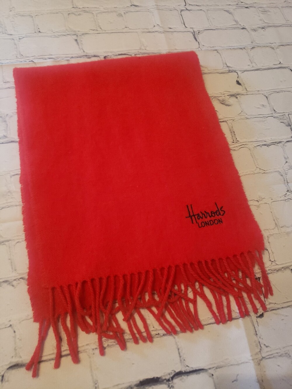 Harrods Red Fringe Lambs Wool Scarf
